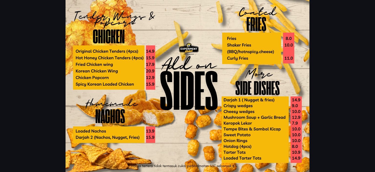 Experiment Kitchen Cheras Sides menu