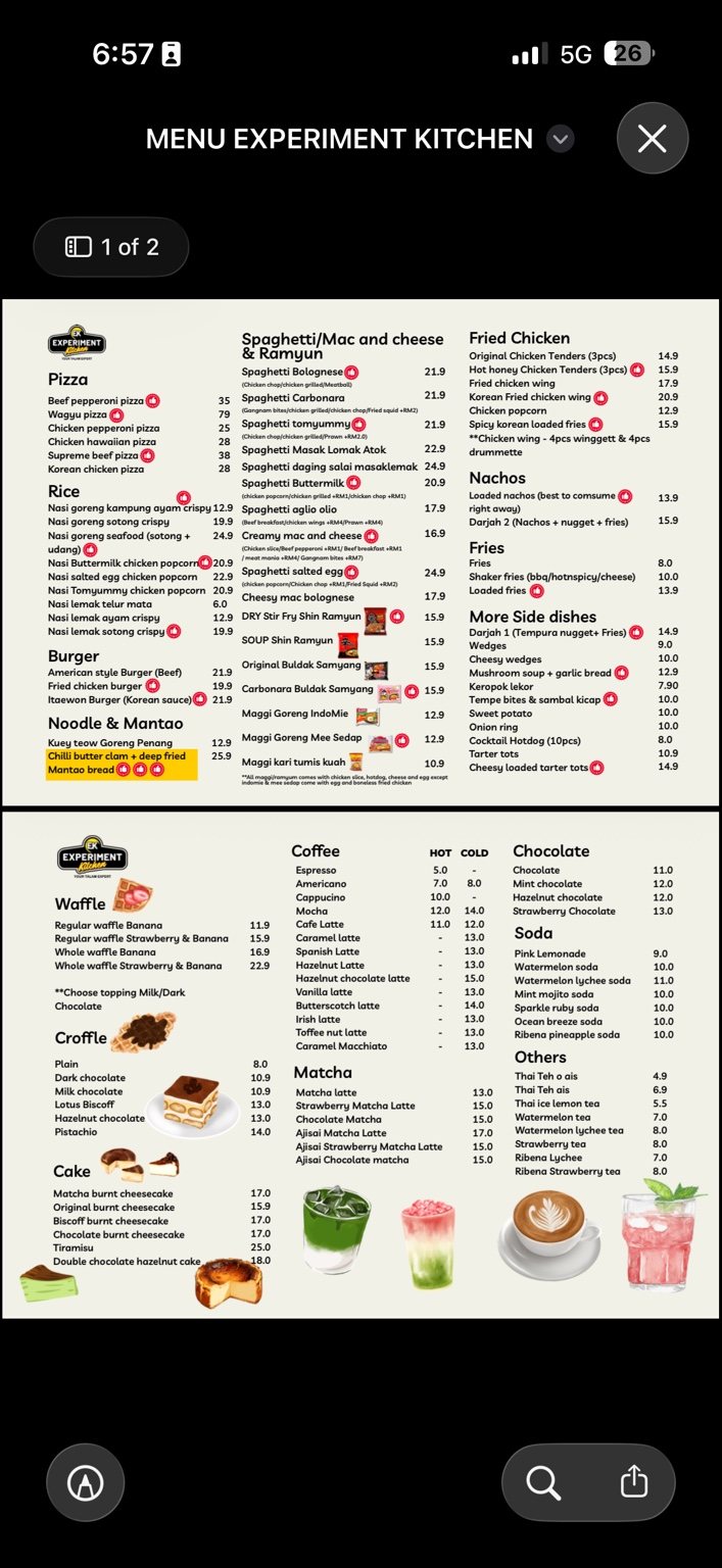 Experiment Kitchen Sungai Merab menu